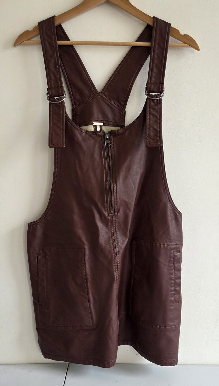 Free People Faux Leather Pinafore Bib Overall Jumper Brown Size Medium - Picture 1 of 8